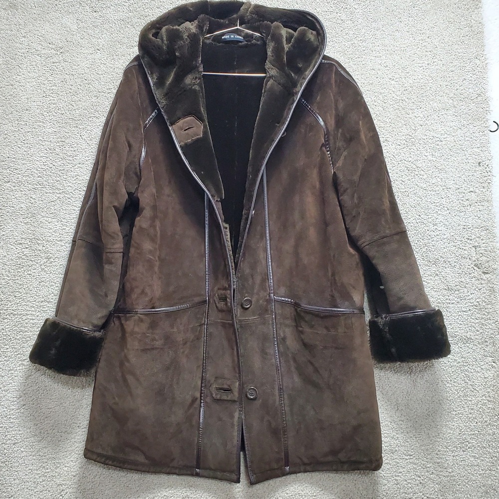 Marvin Richards Genuine Suede Leather Hooded Coat Womens Small Brown Faux Fur